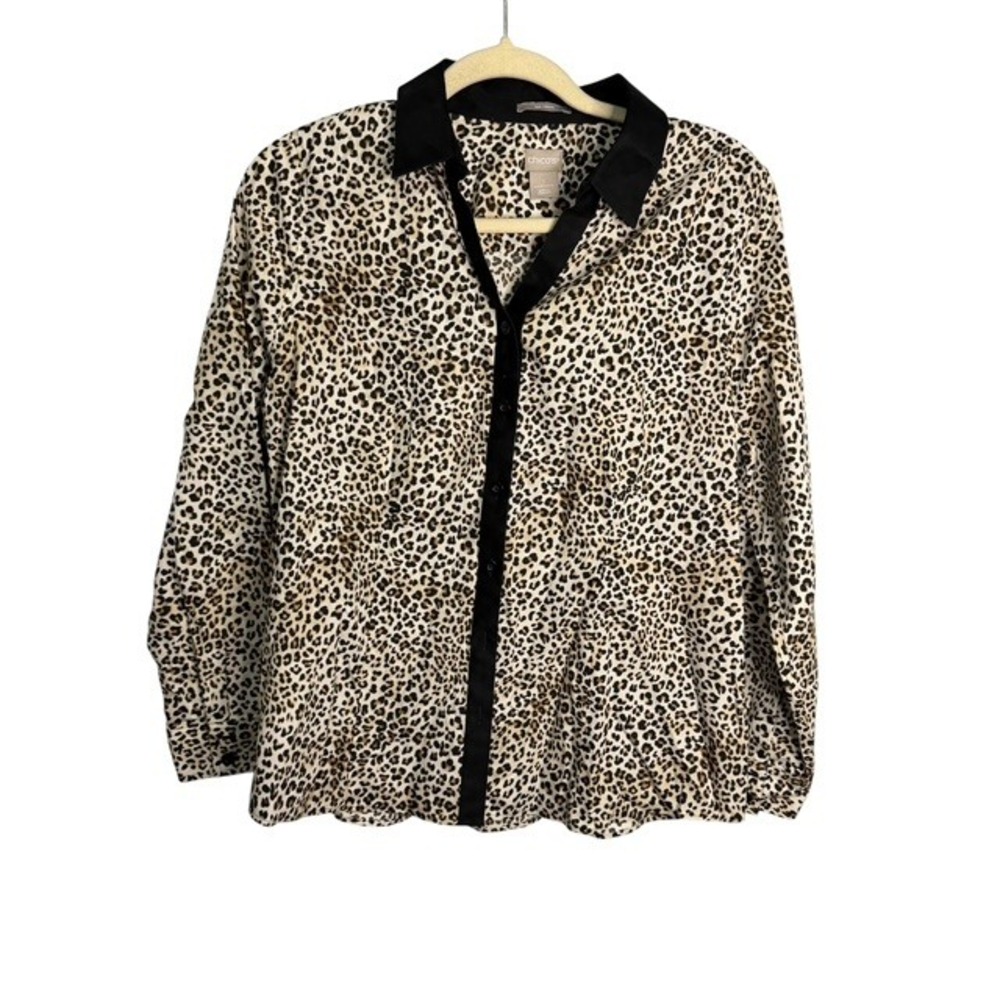 Chico's Blouse Women's Medium No Iron Leopard Print Button Down Chicos 1